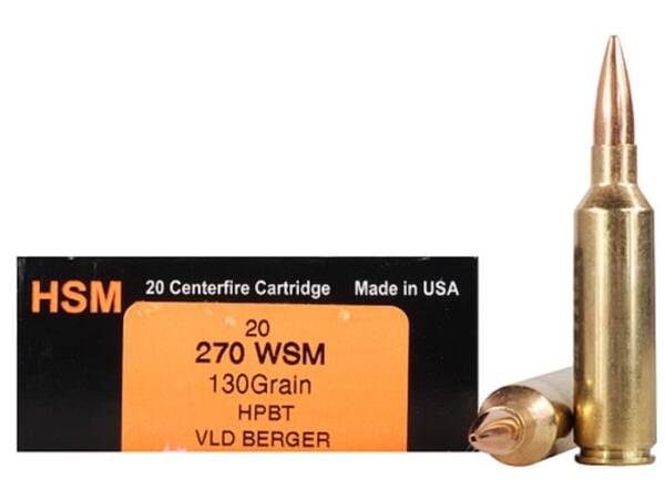 HSM Trophy Gold 270 Winchester Short Magnum (WSM) Ammo 130 Grain Berger Hunting VLD (Very Low Drag) Jacketed Hollow Point Box of 500