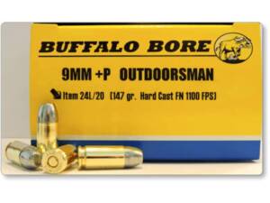 Buffalo Bore Outdoorsman 9mm Luger +P Ammo 147 Grain Flat Nose Box of 20