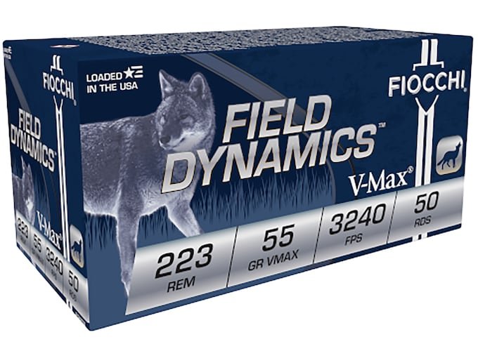 Fiocchi Field Dynamics 223 Remington Ammo 55 Grain Hornady V-Max Polymer Tip