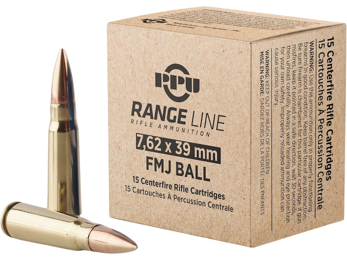 PPU Range 7.62x39mm Ammo 124 Grain Full Metal Jacket Box of 15