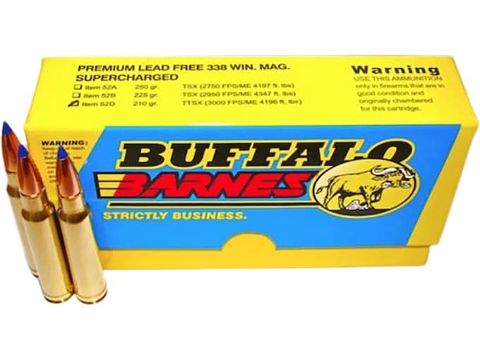 Buffalo Bore Supercharged 338 Winchester Magnum Ammo 210 Grain Barnes TTSX Polymer Tipped Spitzer Lead Free Box of 250