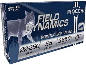Fiocchi Field Dynamics 22-250 Remington Ammo 55 Grain Jacketed Soft Point Box of 500